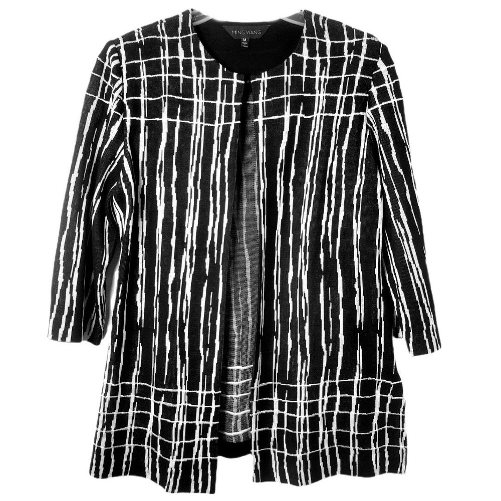 Ming Wang Black & White Knit Blazer‎ Jacket Cardigan Elbow Sleeve Size Medium